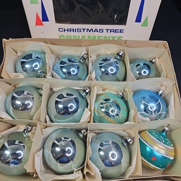 Poland Santa Land 1950s 1960s 12pcs Christmas Ornaments Blue Glass With BOX READ - Picture 2 of 16